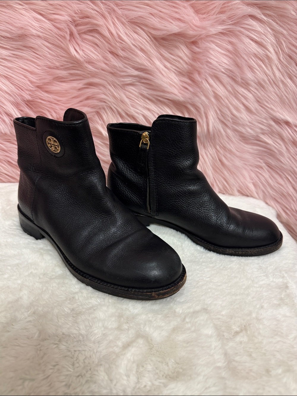 Tory Burch Black Leather Zip Ankle Boots with Gold Logo
